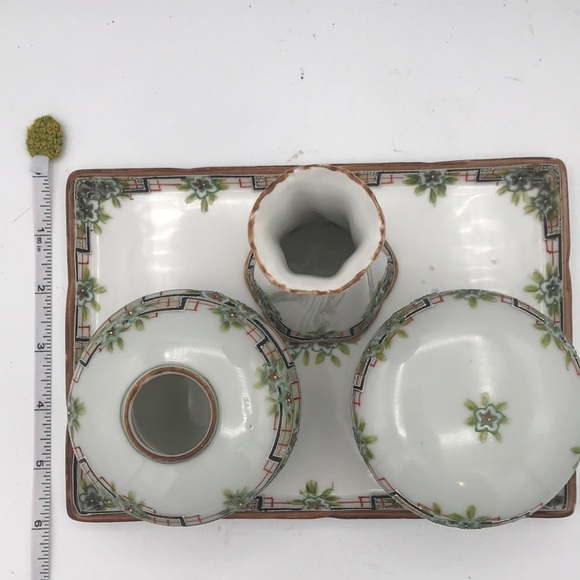 Antique Nippon 4-Pc Dresser/Vanity Set Tray, Vase/Hat Pin, Hair Receiver, Powder - Picture 11 of 11